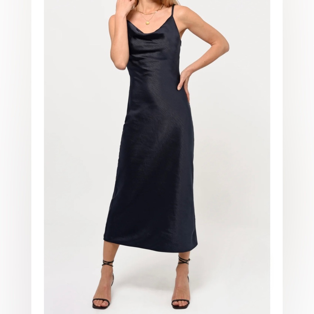 Greylin Satin Cowl Neck Slip Midi in Navy